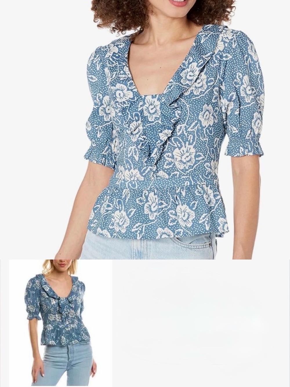 PAIGE Blue Floral Ruffle V-Neck Peplum Top S
